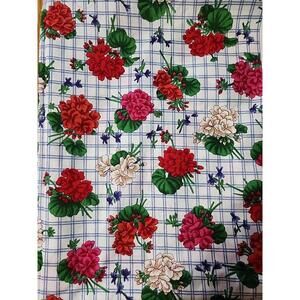 Vintage Red Pink White Geraniums Plaid Cotton Fabric 1  1/2 Yards